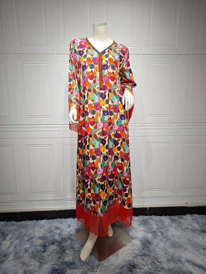 Print Casual V-Neck Jalabiya Dress