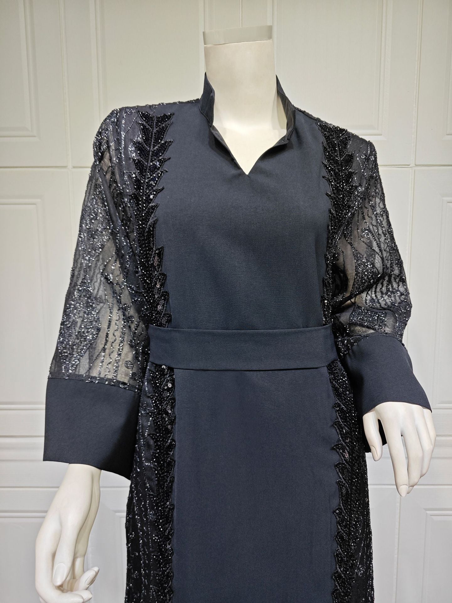 Colorblock Mesh Embroidered Beaded Muslim Dress