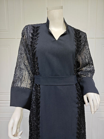 Colorblock Mesh Embroidered Beaded Muslim Dress