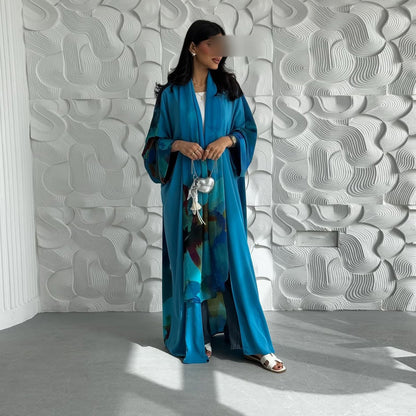 Printed Chiffon Open Abaya Cardigan Two Piece Set with Hijab