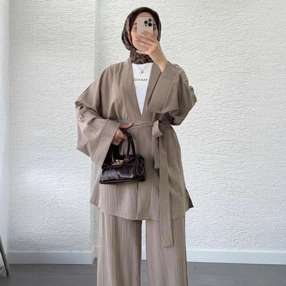 Relaxed Open-Front Top and Wide-Leg Pants Set