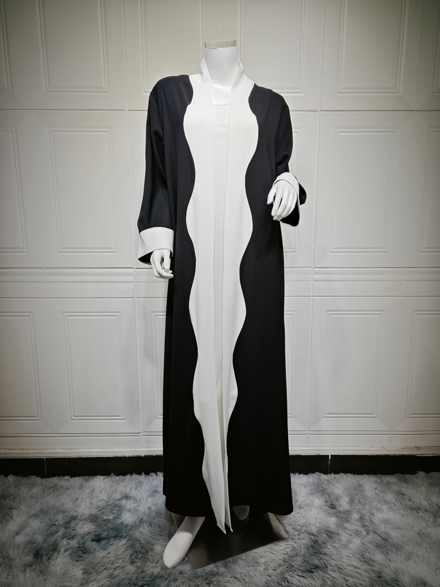 Black and White Contrast Abaya Open Front Long Robe for Women