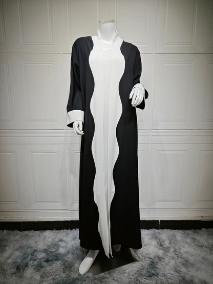 Black and White Contrast Abaya Open Front Long Robe for Women