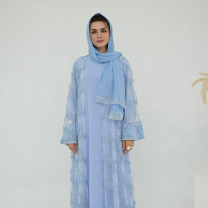 Elegant 3D Floral Mesh Open Abaya with Optional Inner Dress and Scarf