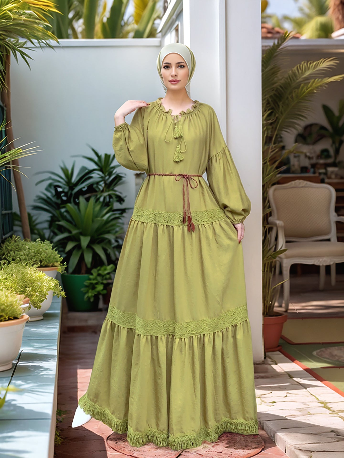 Lace Patchwork Maxi Dress with Tassel Belt and Ruffle Hem