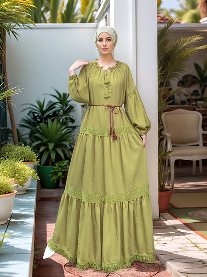 Lace Patchwork Maxi Dress with Tassel Belt and Ruffle Hem