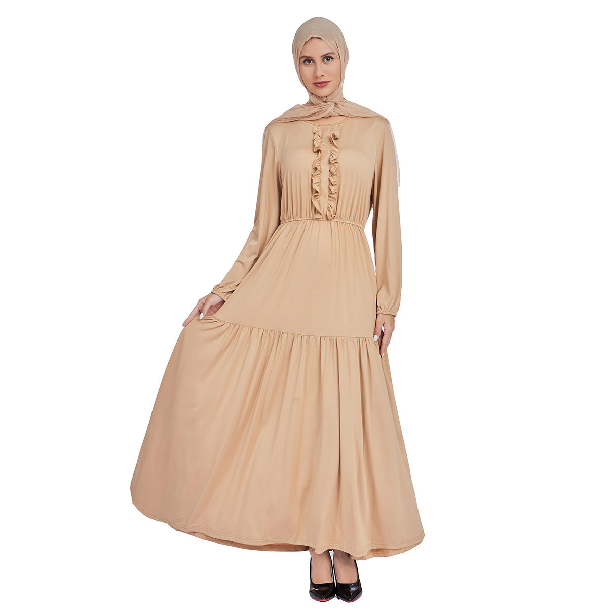 Ruffled Front Maxi Dress with Long Sleeves