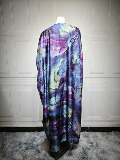 Modest Summer Fashion Satin Print Robe with Headscarf