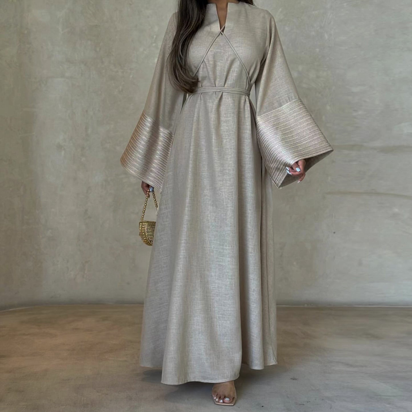 Modest V-neck Embroidery Elegant Abaya Dress