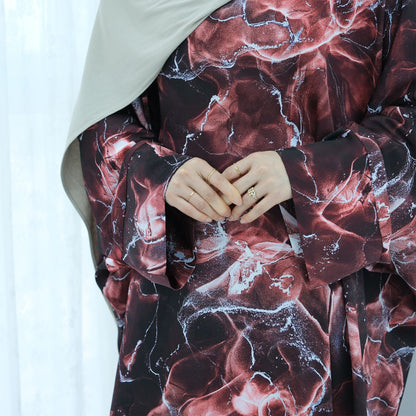 Satin Printed Maxi Dress with Waist Belt and Batwing Sleeves