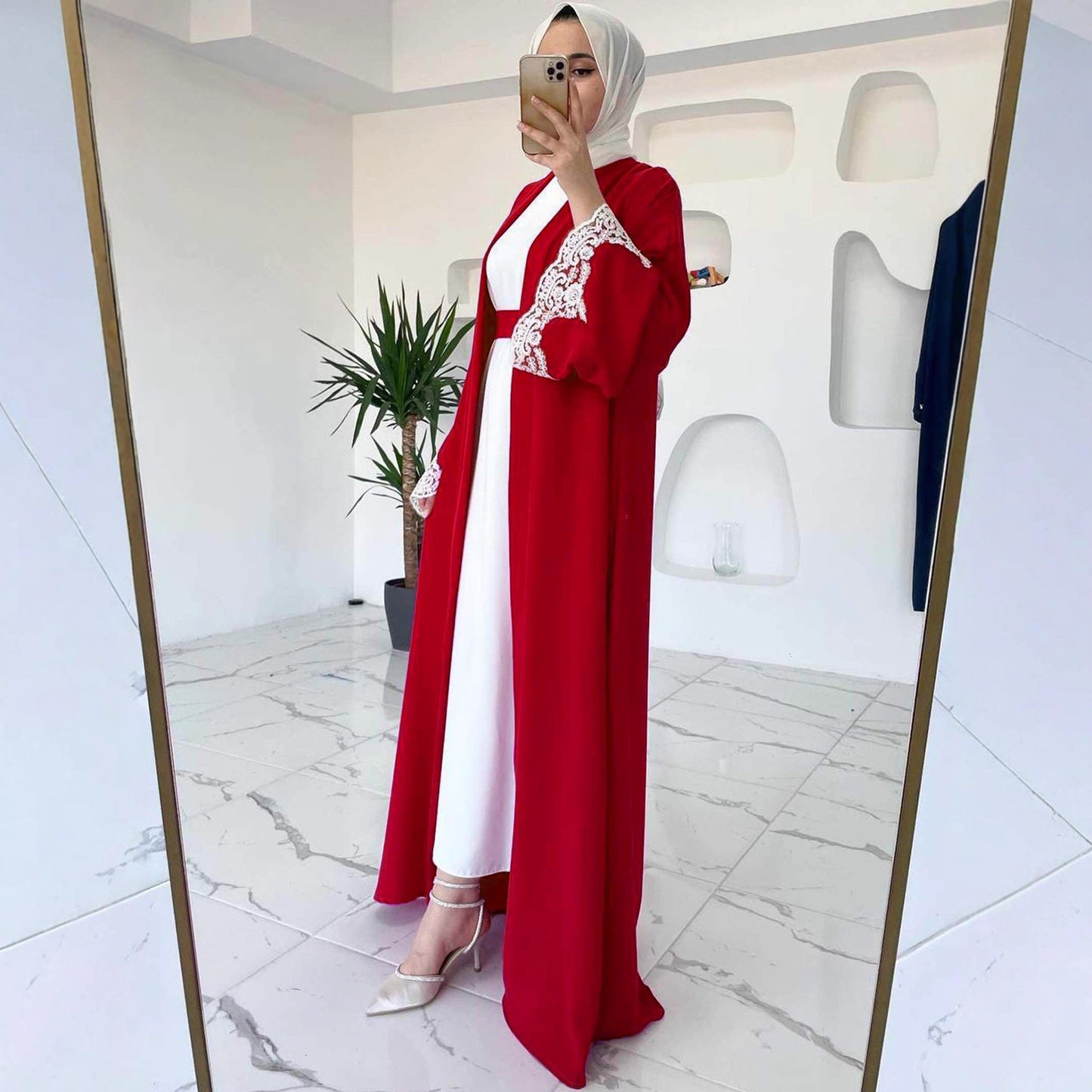 Lace Applique Abaya Cardigan and Slip Dress Two-Piece Set