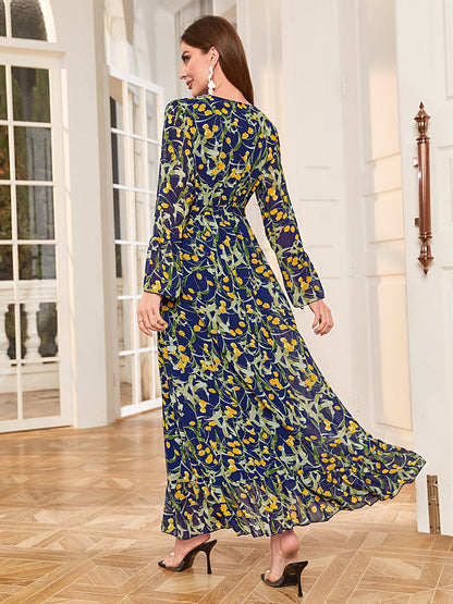 Women's V-neck Long Sleeve Print Dress