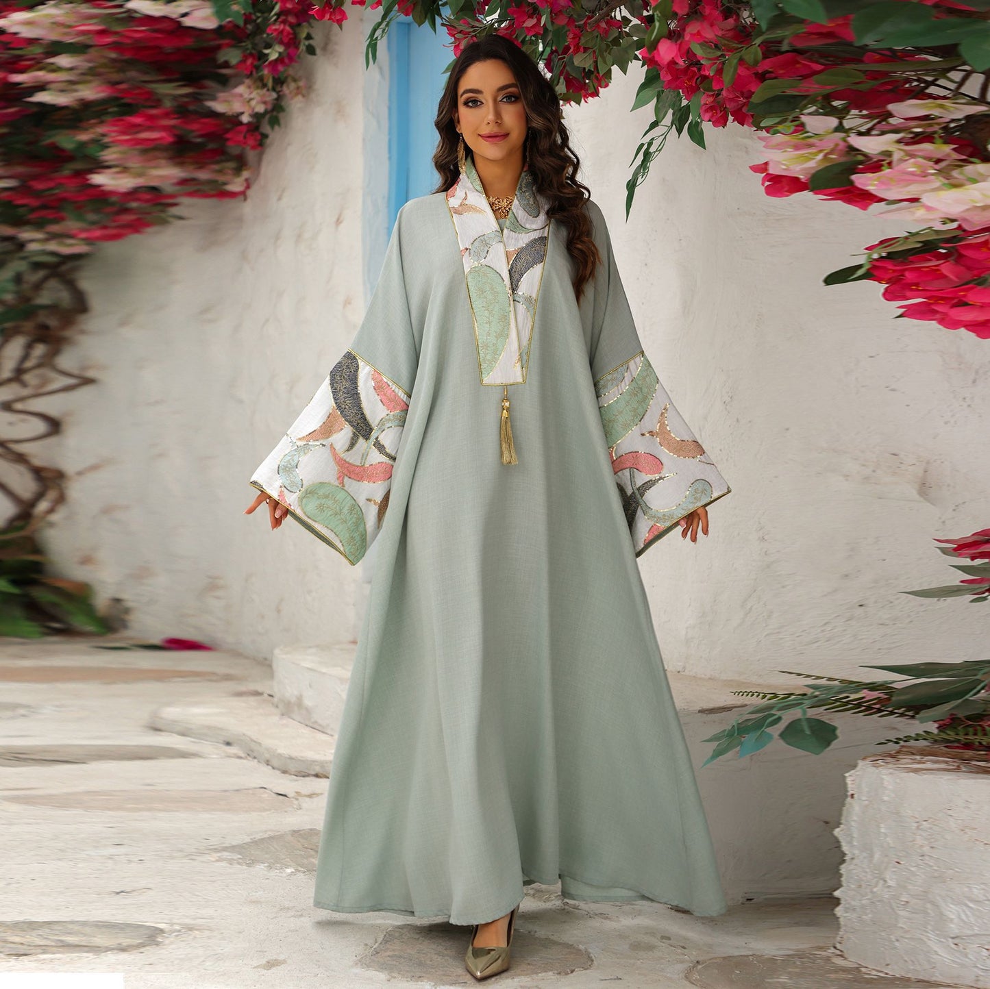 Women's Embroidered Panelled Fringed Dress