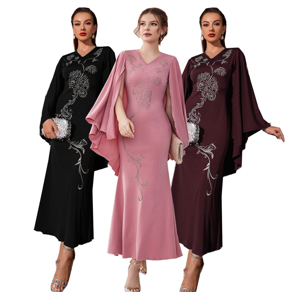 V-neck Bat Sleeve Party Embroidered Dress
