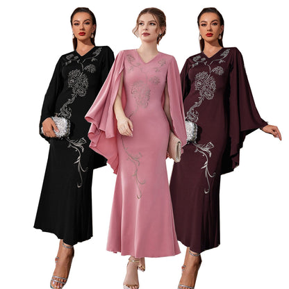 V-neck Bat Sleeve Party Embroidered Dress