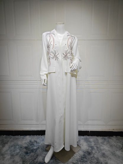 Women's White Embroidered Robe Open Abaya