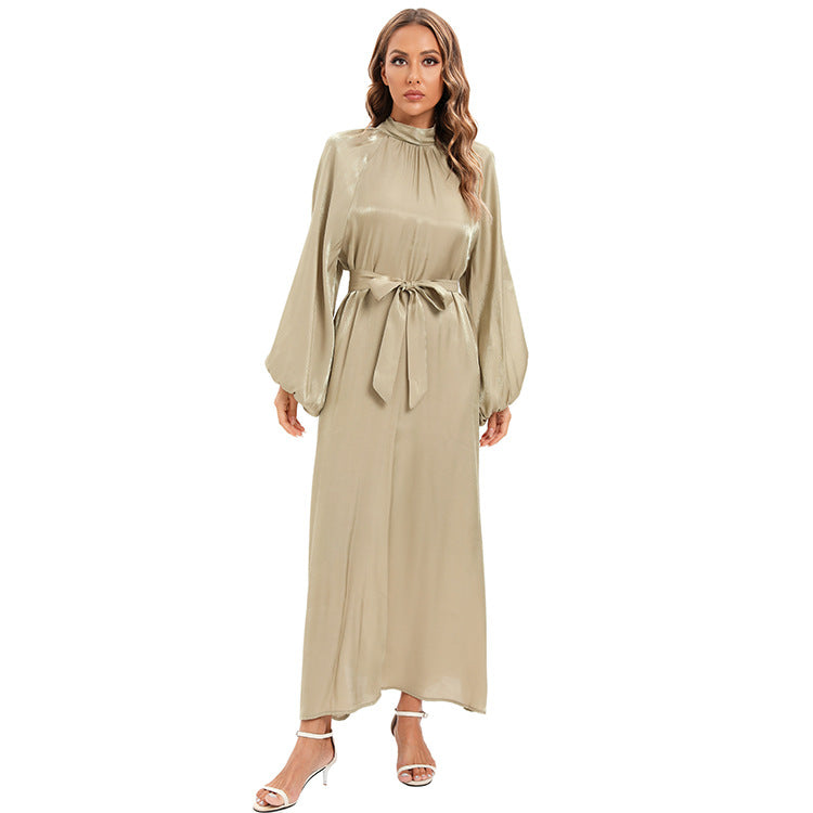 Satin Long Sleeve Maxi Dress with Bow Belt and Lantern Sleeves