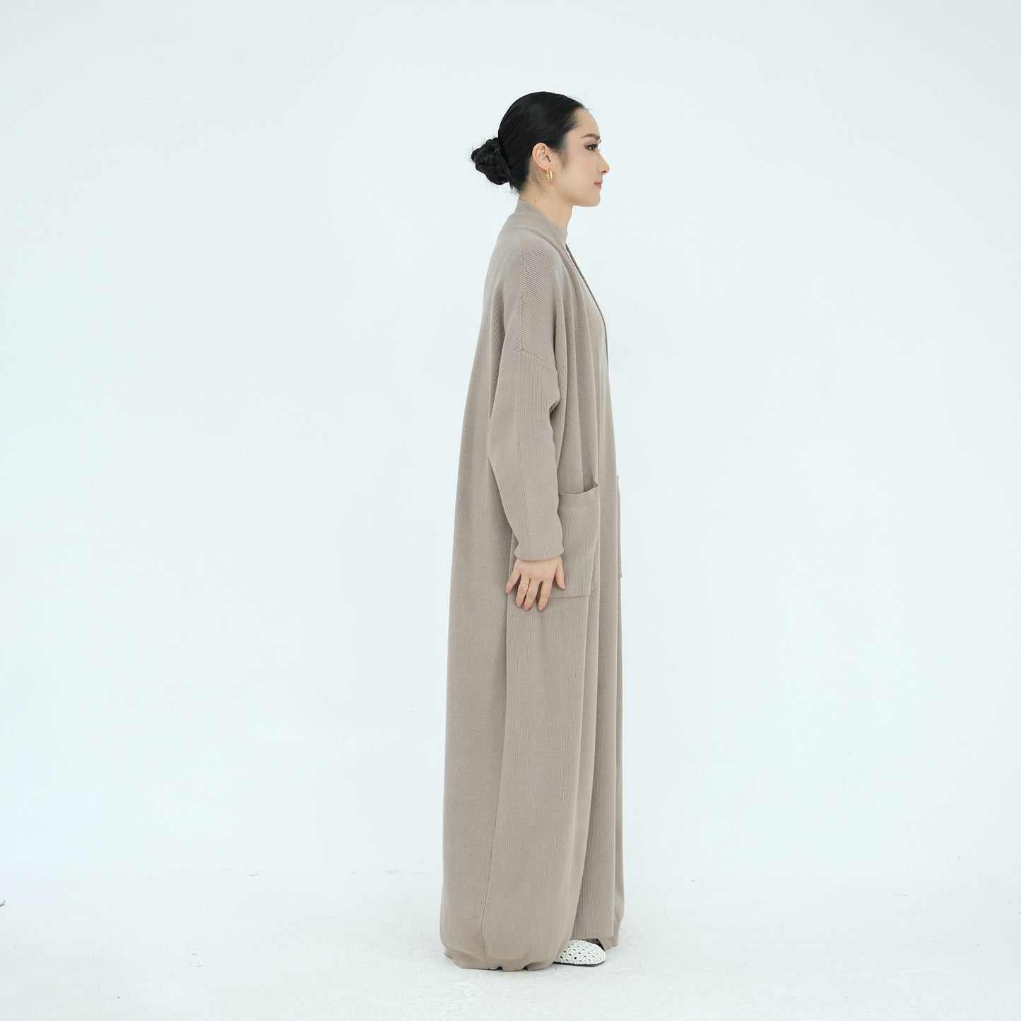 Thick Knit Two-Piece Abaya Set with Cardigan and Inner Dress