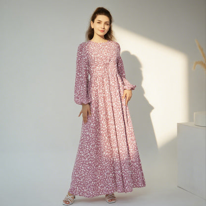 Floral Print Maxi Dress with Waist Tie Modest Long Sleeve