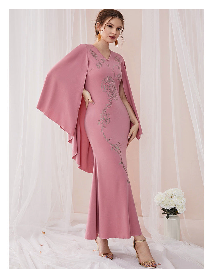 V-neck Bat Sleeve Party Embroidered Dress