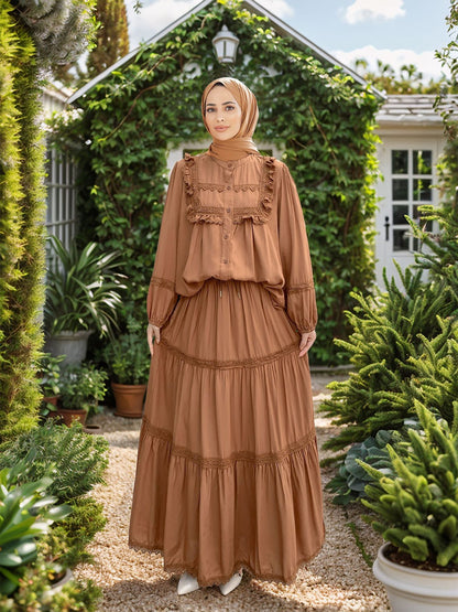 Lace Ruffle Trim Muslim Two-Piece Skirt Set