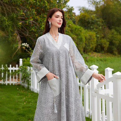 Sheer Mesh Tie-Front Open Muslim Abaya