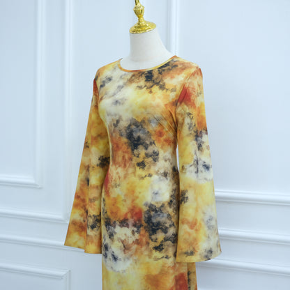 Elegant Printed Maxi Dress with Waist Tie and Back Zipper