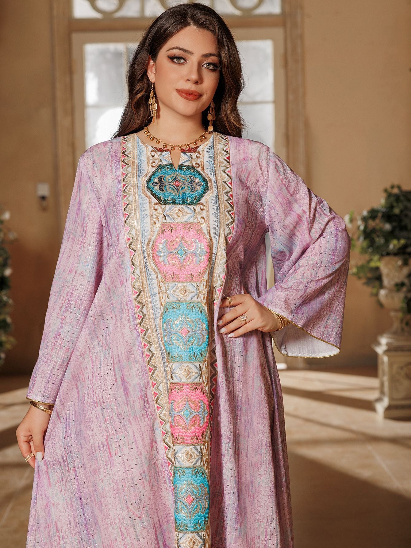 Women's Printed Beaded Embroidered Pullover Dress