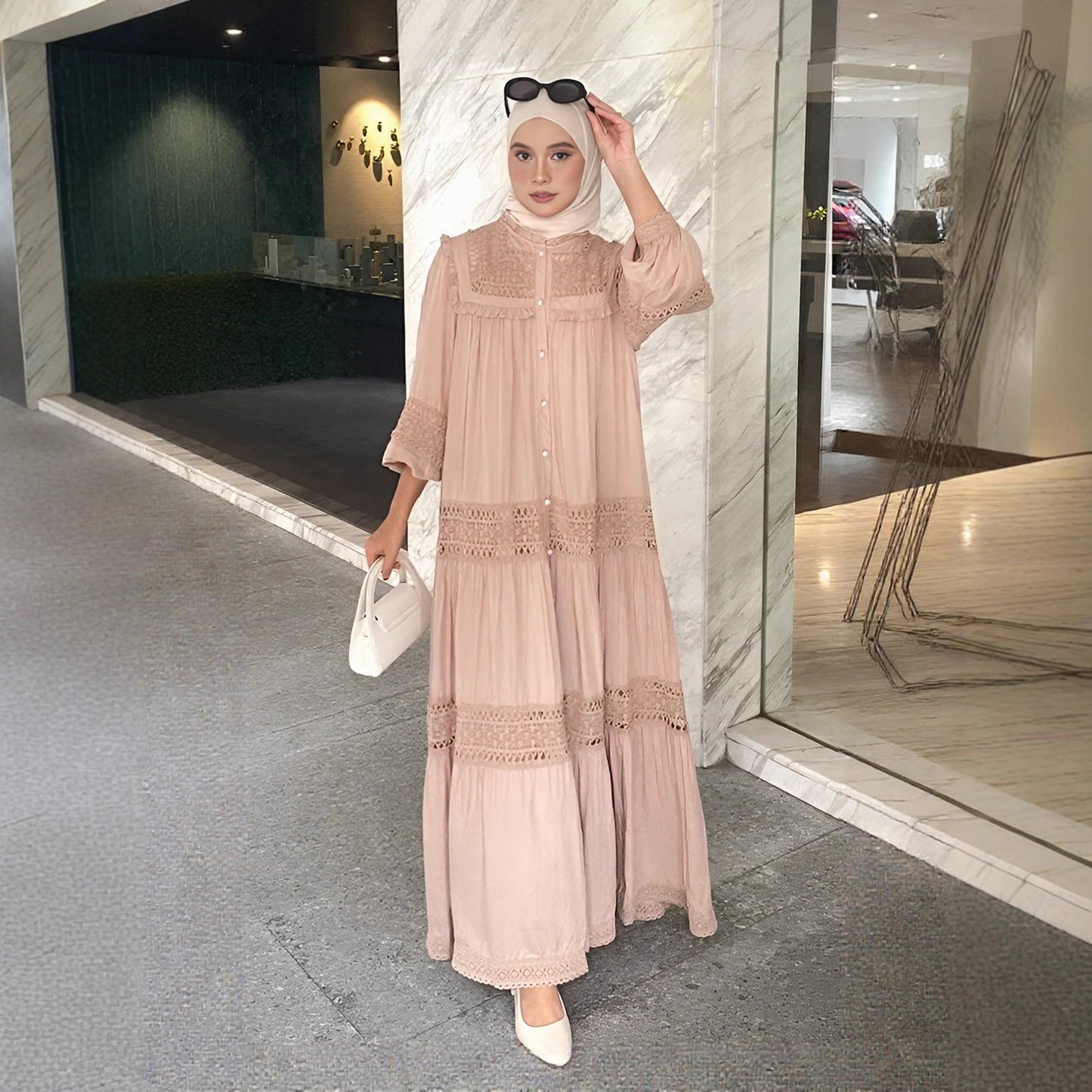 Elegant Ruffle-Trim Long Sleeve Maxi Dress