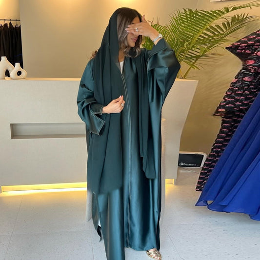 Loose Solid-colored Satin Open Abaya