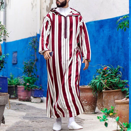 Color-block Striped Long Muslim Thobe Hoodie