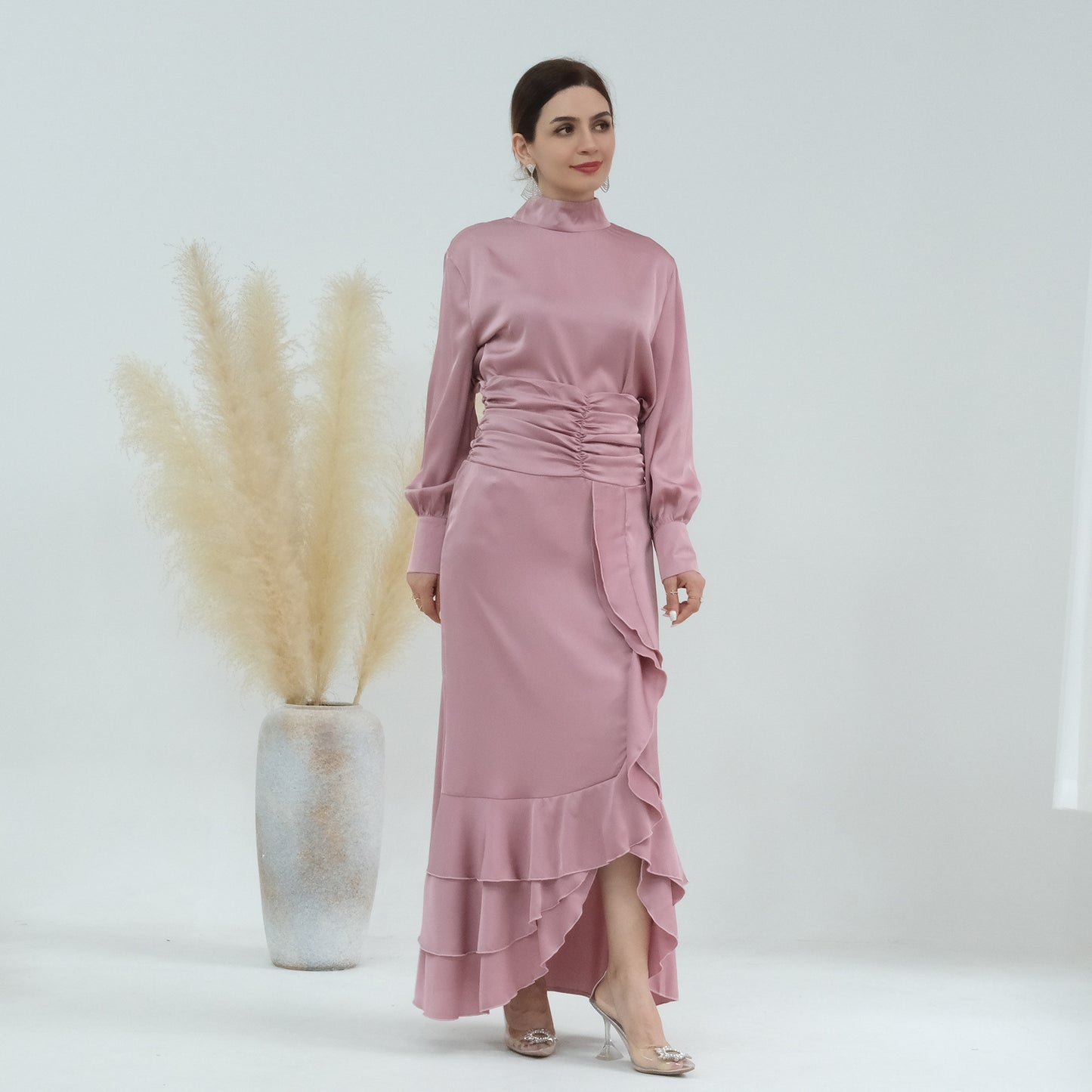 Plain High-neck Pleated Slim Ruffle Tops and Dress Matching Sets