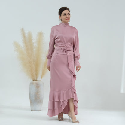 Plain High-neck Pleated Slim Ruffle Tops and Dress Matching Sets