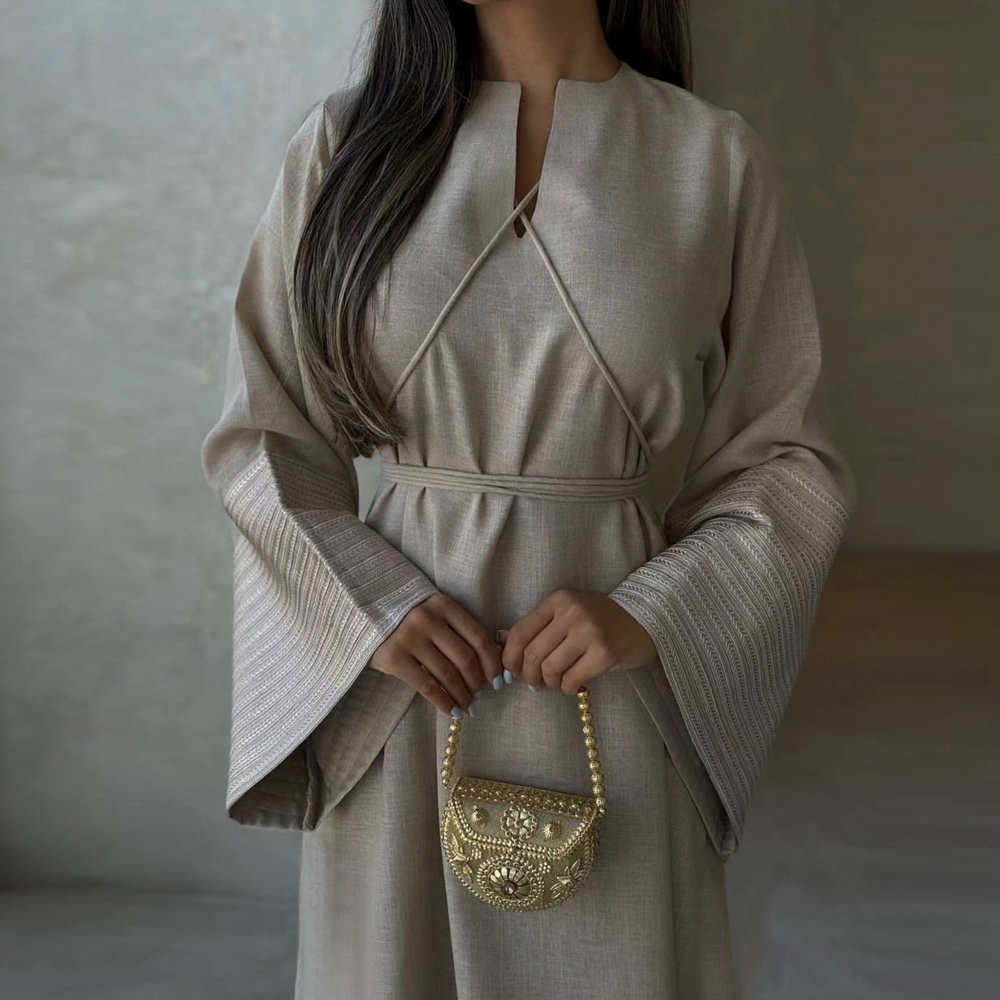 Modest V-neck Embroidery Elegant Abaya Dress