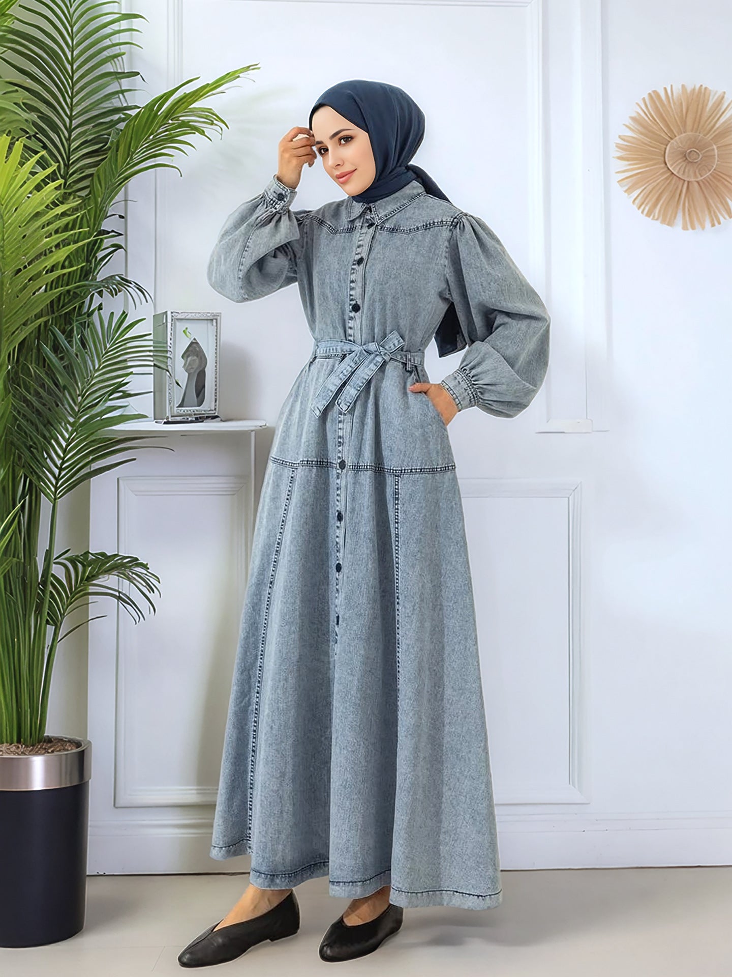 Denim Patchwork Lantern Sleeve Modest Midi Dress