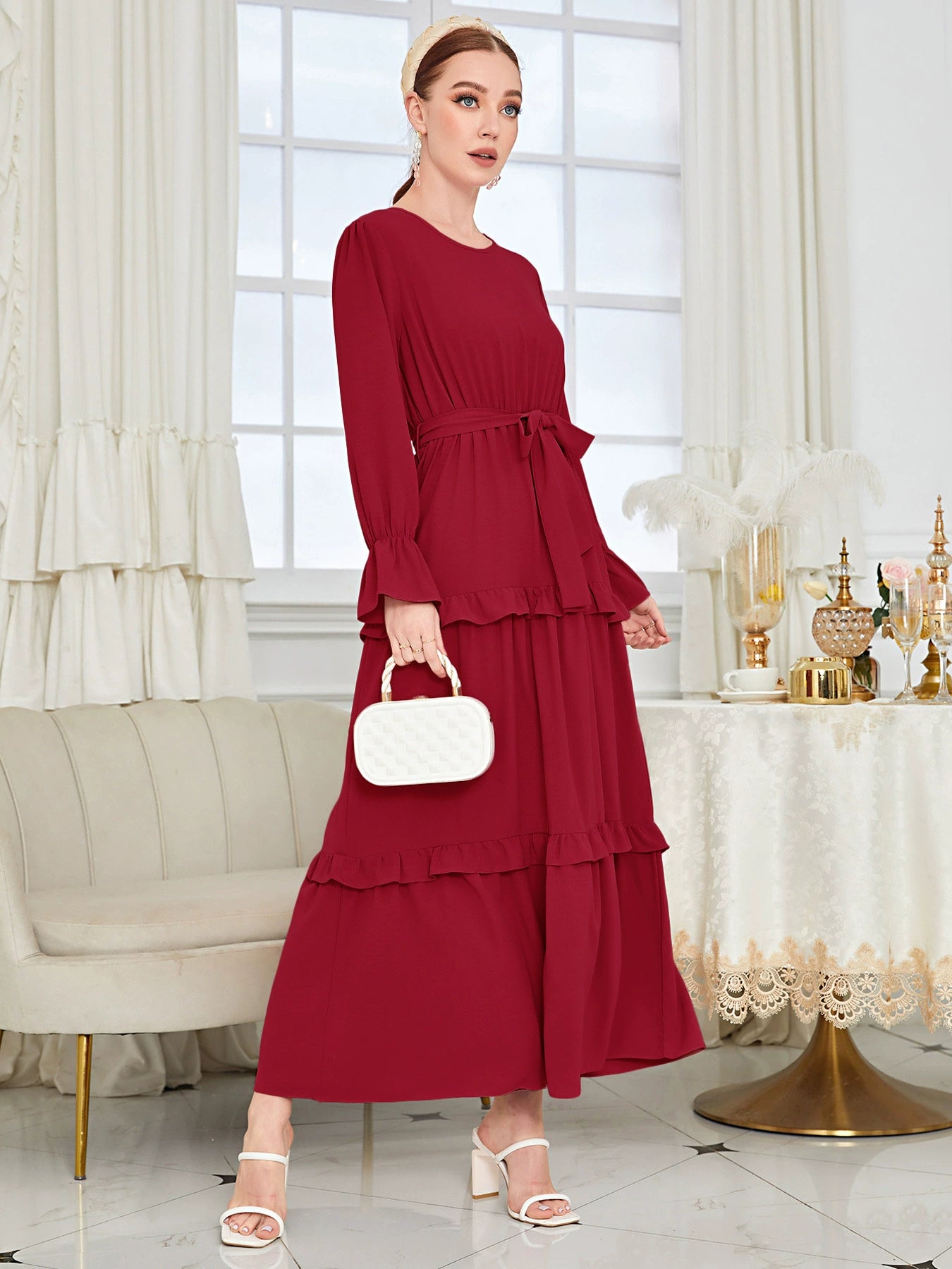 Solid Ruffled Dress with Belt