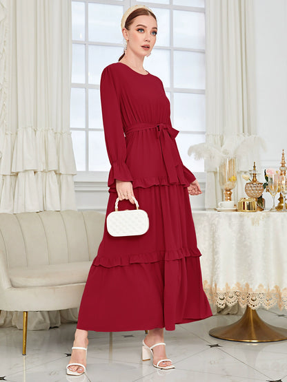 Solid Ruffled Dress with Belt