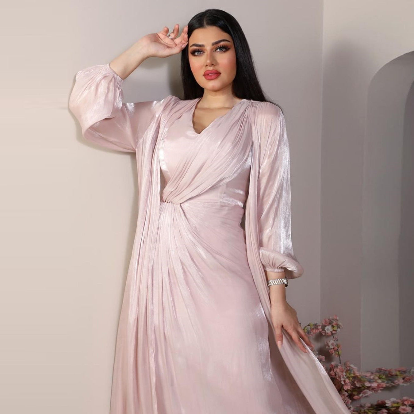 Women Plain Bright Silk Dress Two Piece Sets