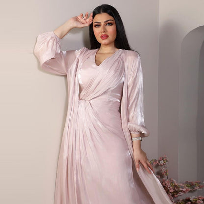 Women Plain Bright Silk Dress Two Piece Sets