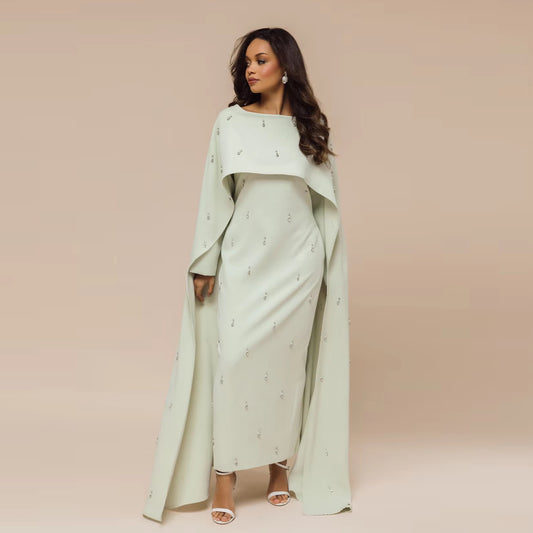 Elegant Beaded Maxi Dress with Attached Cape – Modest Evening Abaya Style
