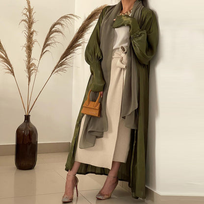 Plain Mushroom Button Satin Cardigan Robe