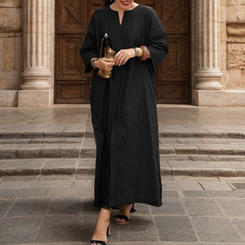 Solid Color Loose Casual Cotton and Linen Dress