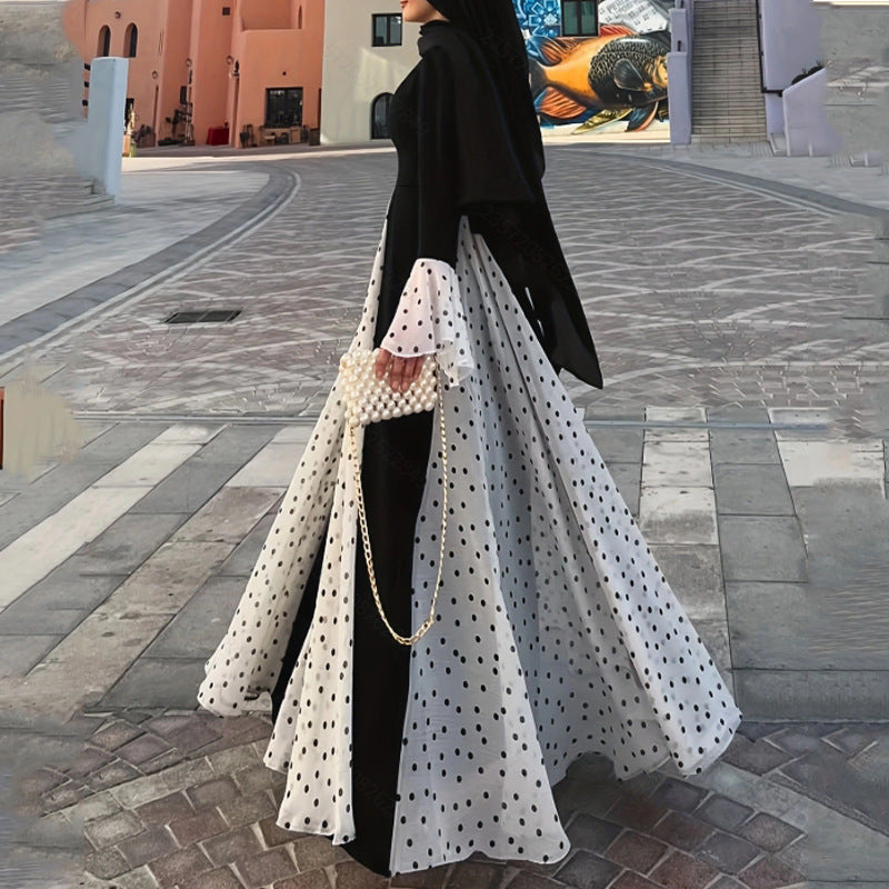 Women's Long Polka Dot Dress with Flared Sleeves Design
