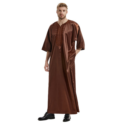 Men's Satin Mid-sleeved Embroidered Robe