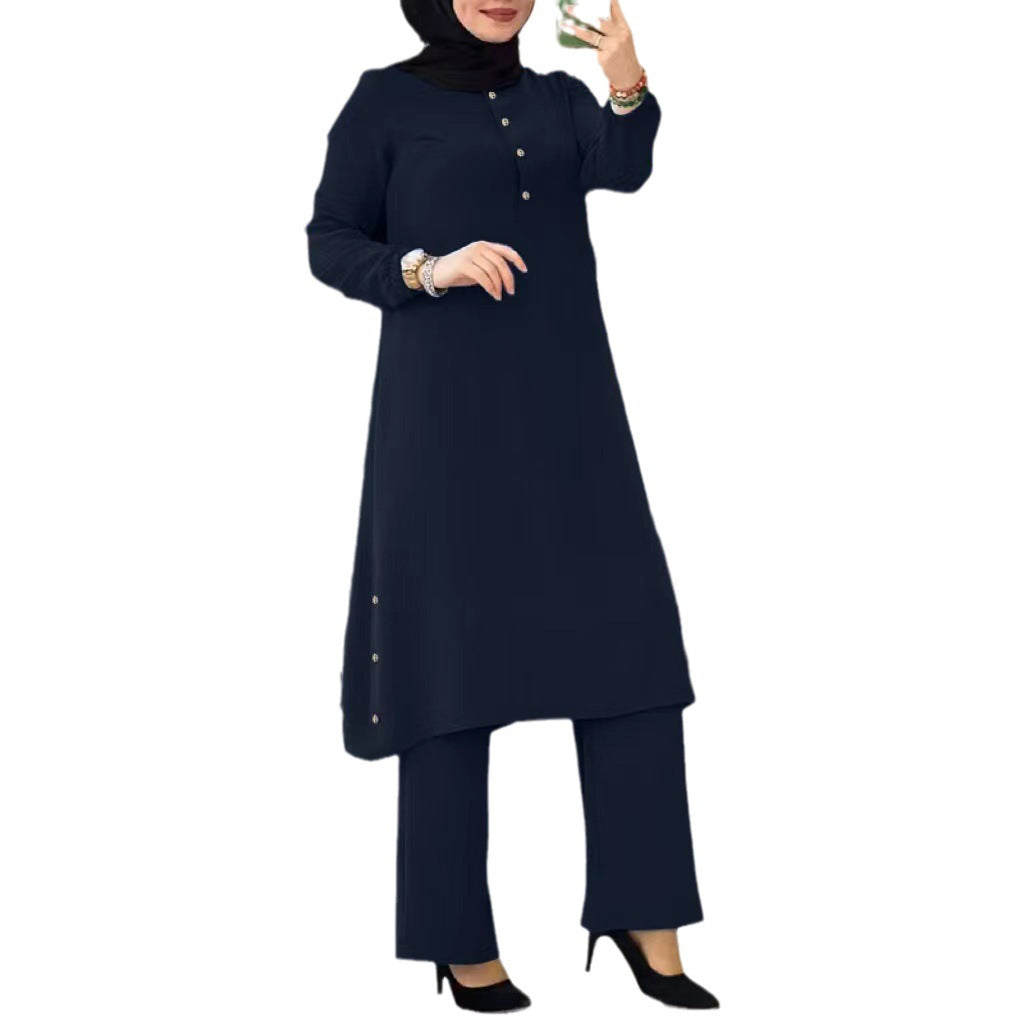 Women's Solid Color Long Sleeve Elastic Waist Set