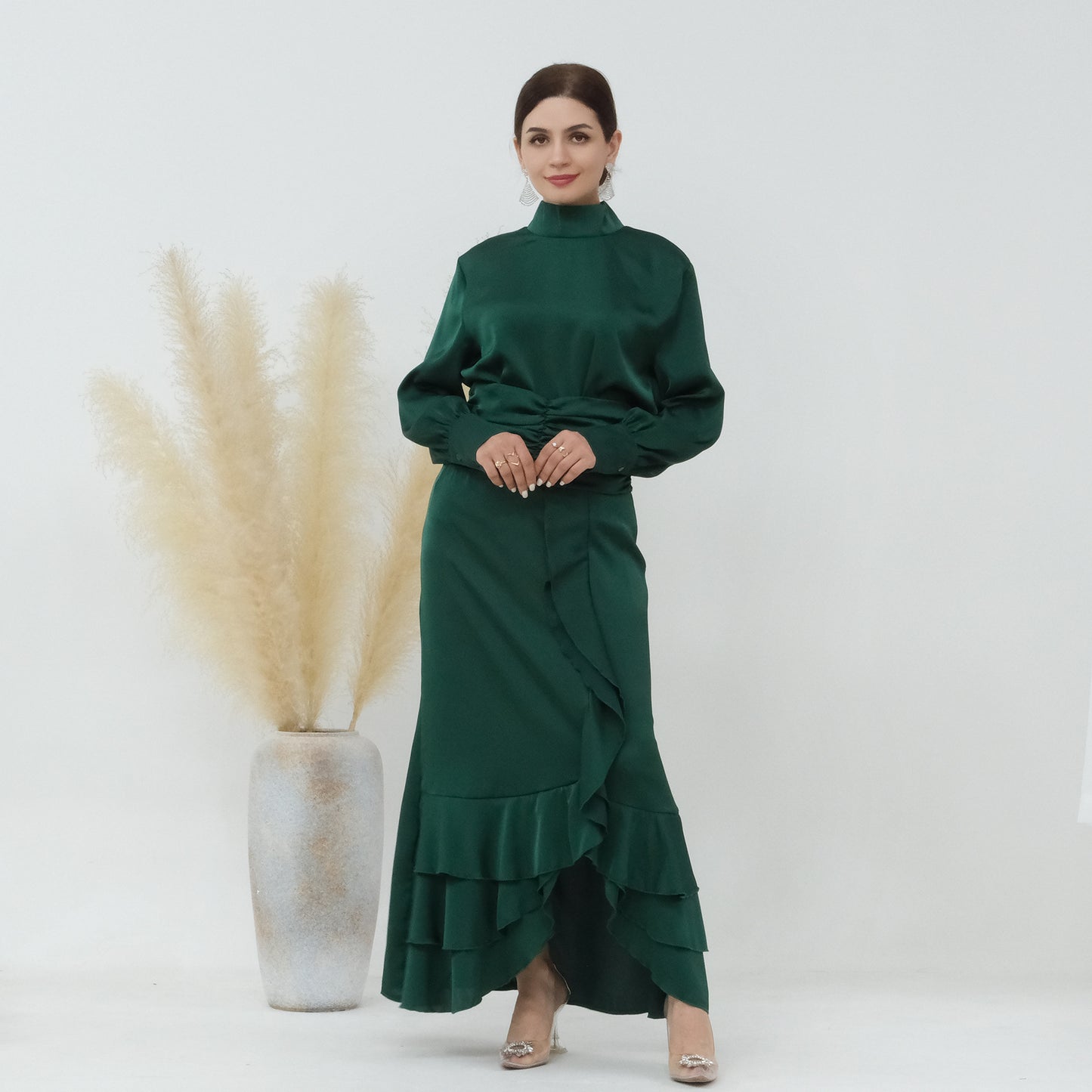 Plain High-neck Pleated Slim Ruffle Tops and Dress Matching Sets