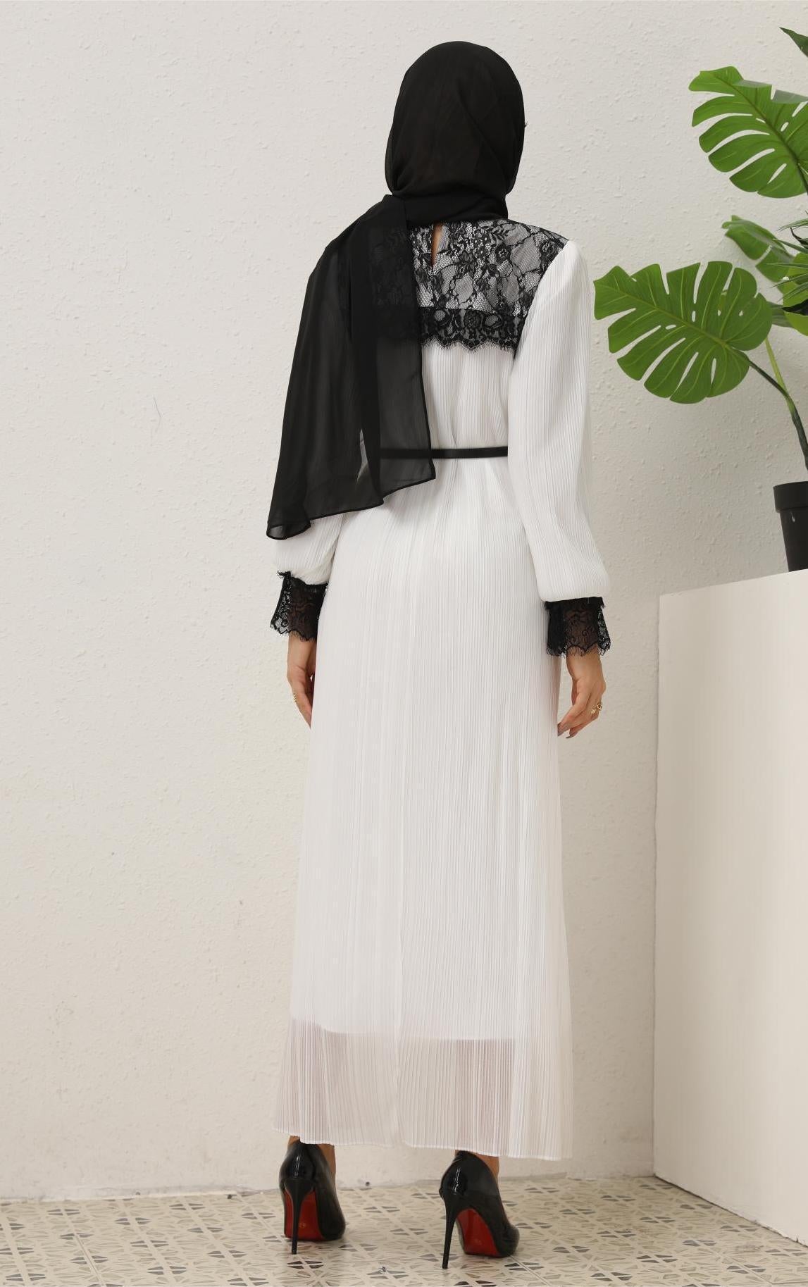 Women's Lace Pleated White Dress (With Belt)