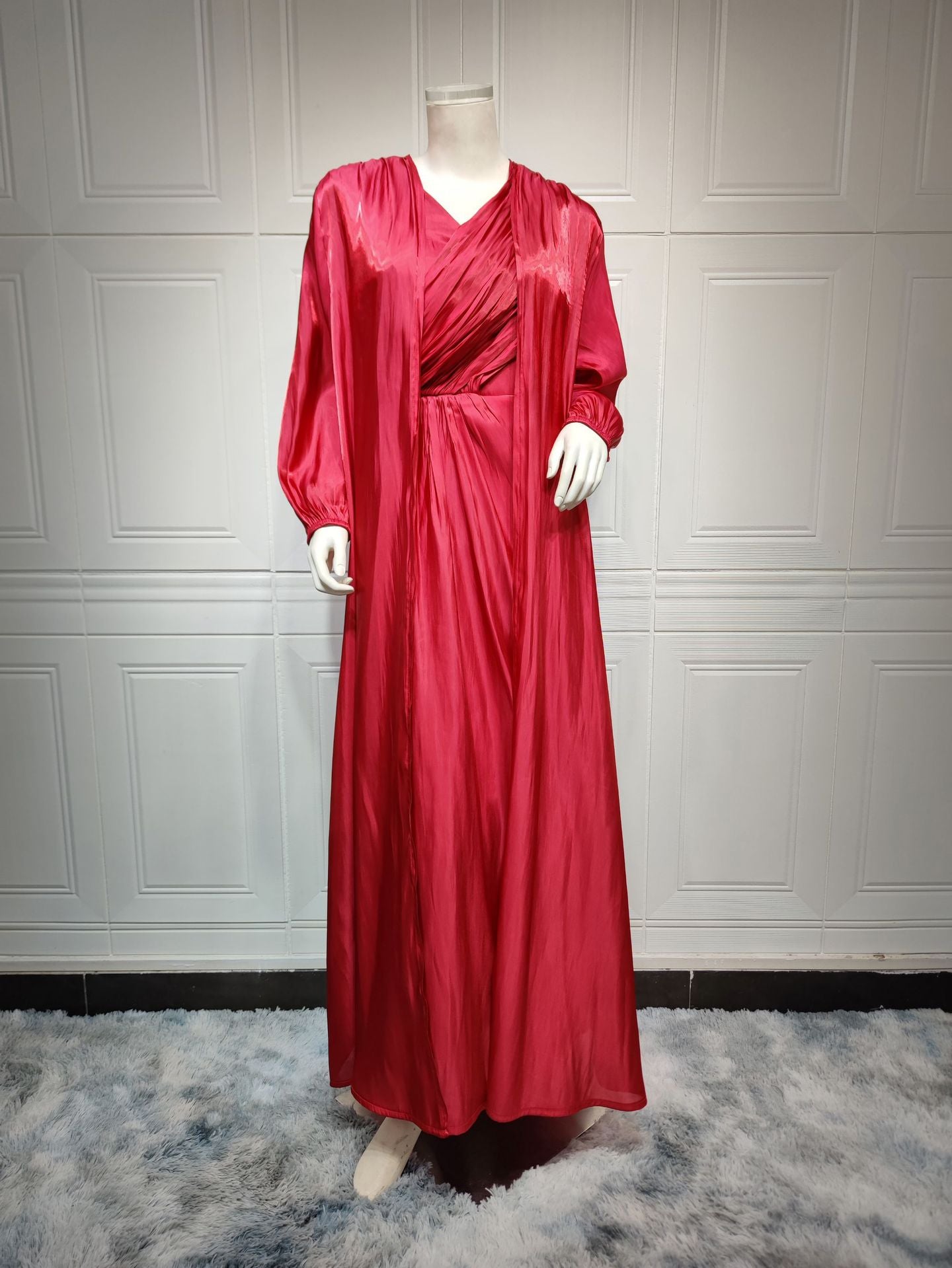 Women Plain Bright Silk Dress Two Piece Sets