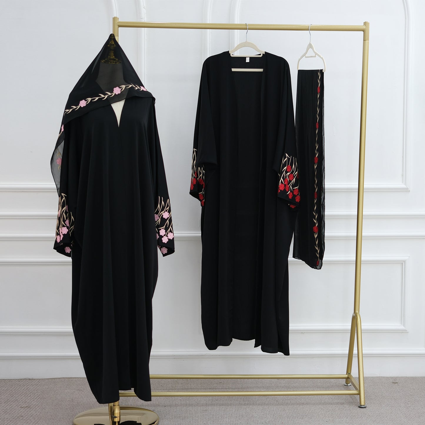 Embroidered Cardigan Abaya with Floral Sleeve Detail
