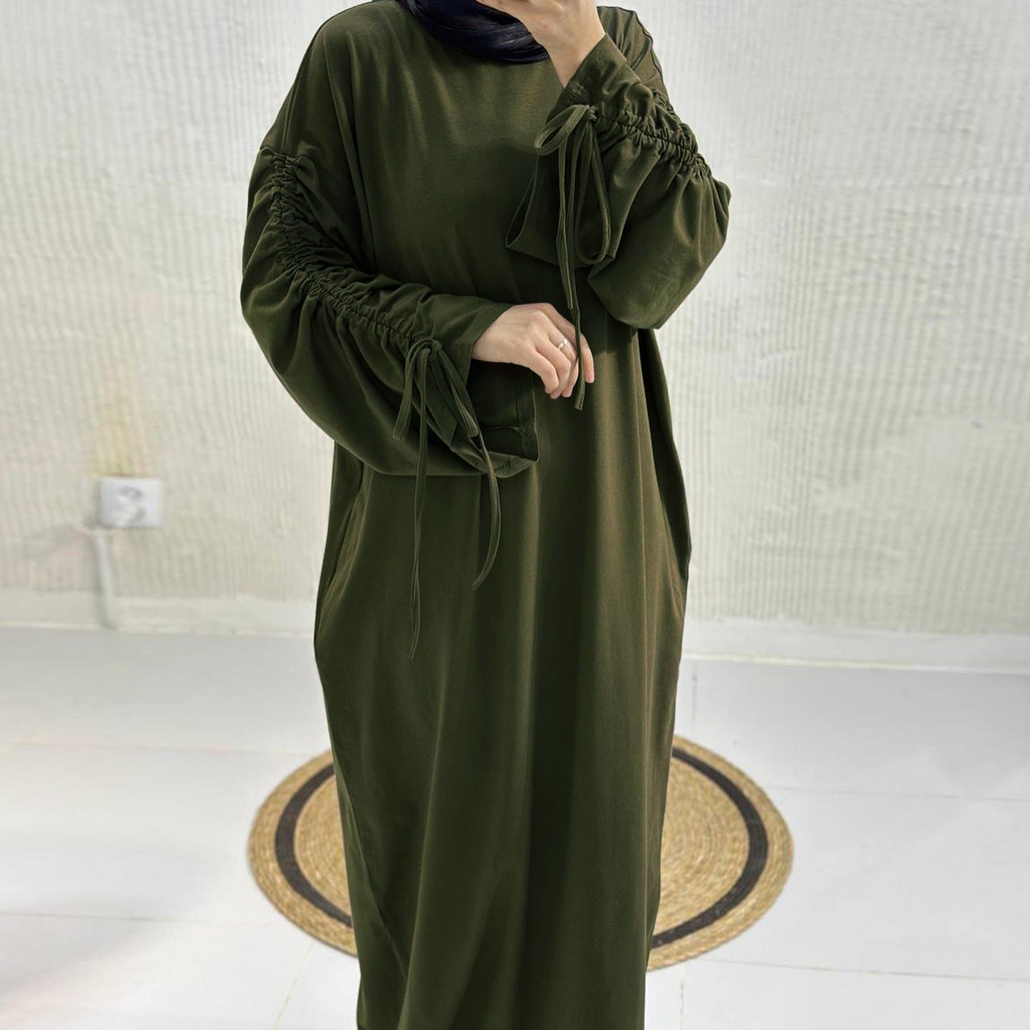 Cuff Drawstring Middle East Modest Maxi Robe Abaya